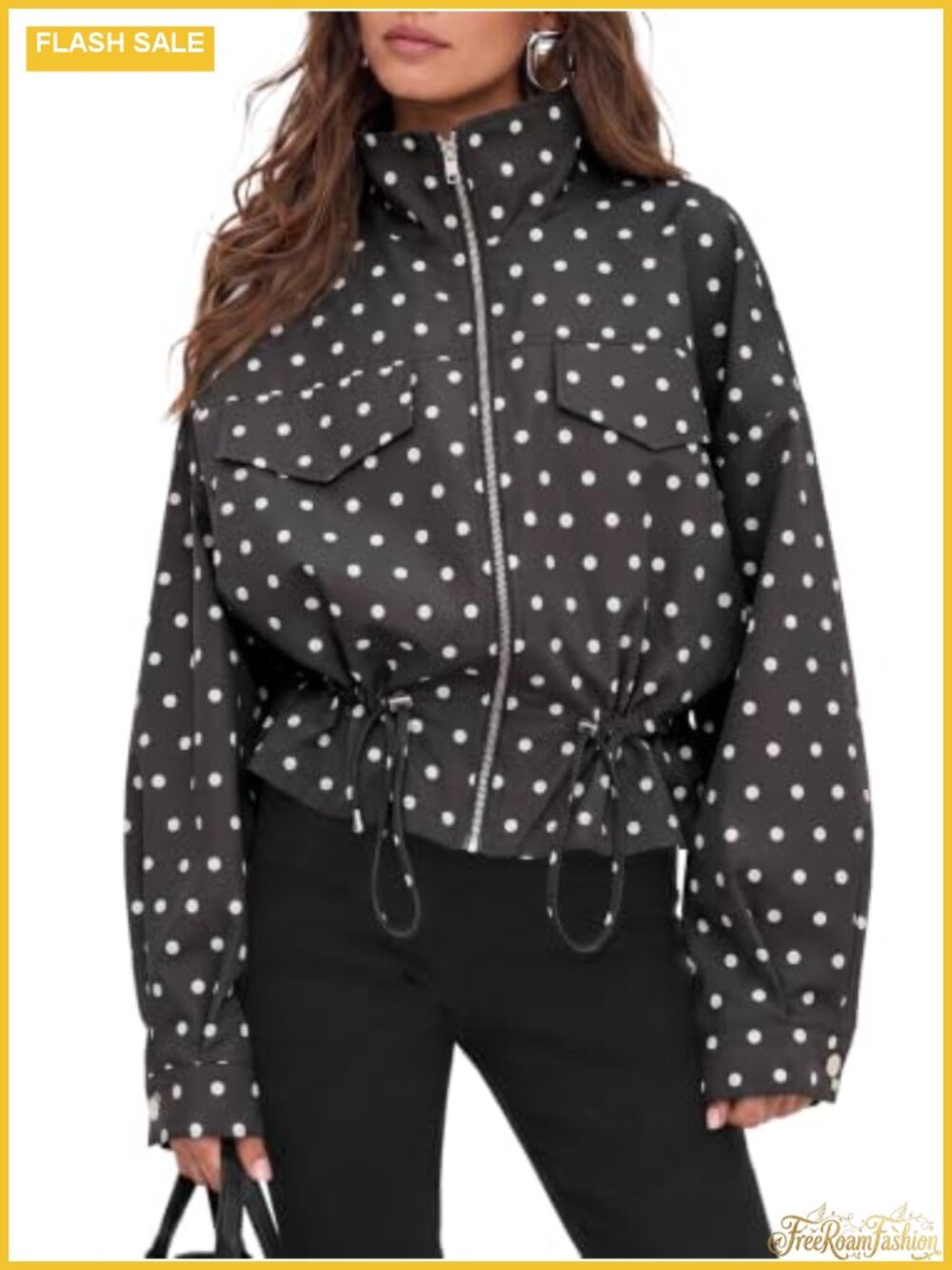 Womens Zip Up Polka Dot Casual Jacket Oversized Long Sleeve Fall Trendy Coat